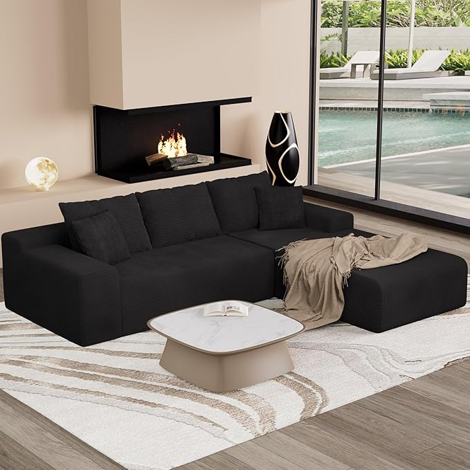 NAYA 106” Modular Sectional Sofa, Cloud Sectional Couch with Deep Seat, Modern Modular L-Shape Sofa Boneless Couch with Chaise for Living Room Bedroom (Black, Sectional Sofa with Right Facing Chaise)