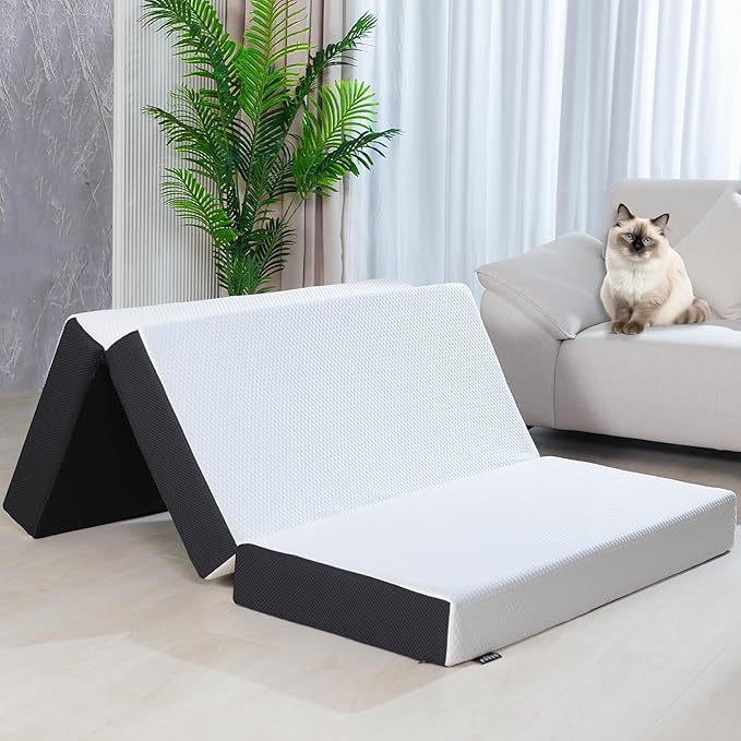 Roxzo Tri-Fold Memory Foam Mattress, 6 inch Twin Tri-Folding Memory Form Mattress, Collapsible and Washable Cover, Travel and Guest Mat,75"x38"x6"