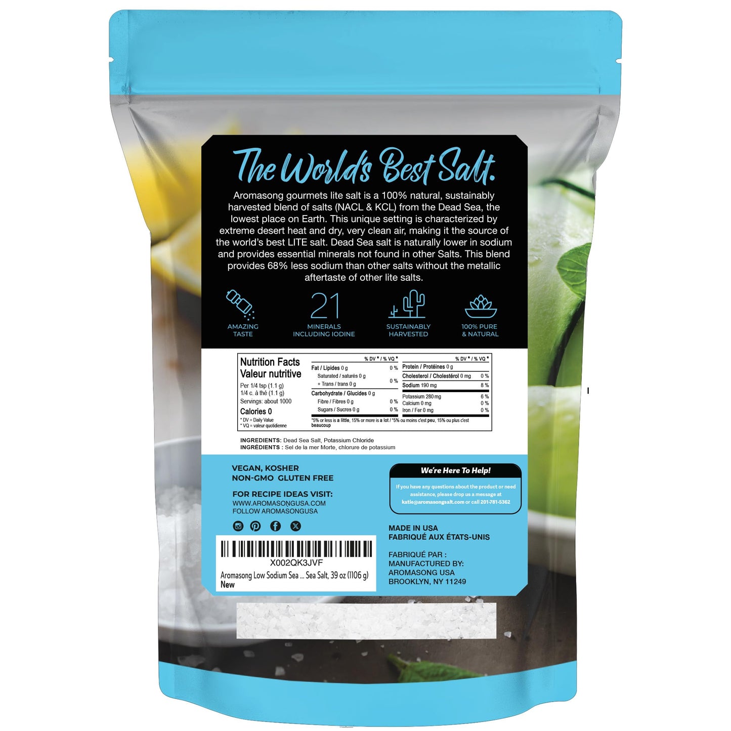 Aromasong Low Sodium Sea Salt 100% Natural Fine Grain Dead Sea Potassium Chloride with Dead Sea Salt, 39 oz (1106 g)