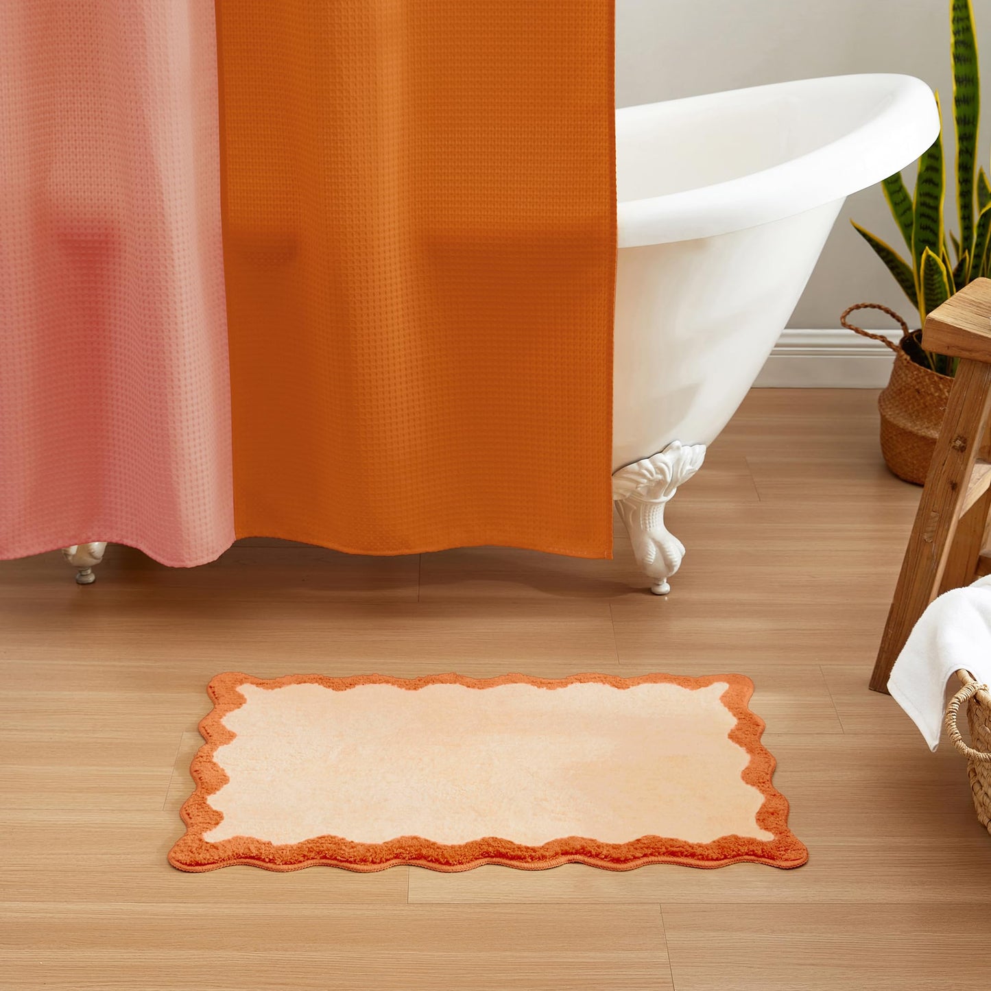 MONDAY MOOSE Bath Mat with Scalloped Wavy Ripple Design, Microfiber Absorbent Non Slip Tufted Rug for Floor, Shower or Kitchen (16x24 inch, Orange)
