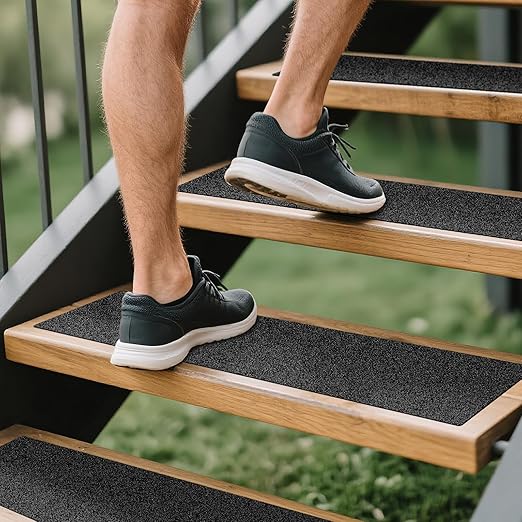 LadyRosian Outdoor Stair Treads Non Slip 10-Pack Black 6" x 30" - Weather Resistant Adhesive Heavy Grip Tape - Waterproof Anti Skid Strips