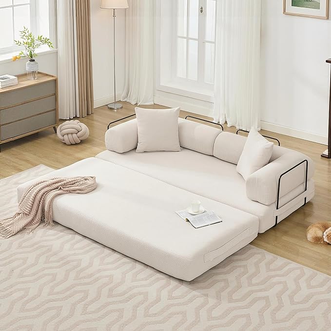 ZEIINPA Convertible Sleeper Sofa Bed with Cylindrical Pillow, Corduroy Folding Mattress Couch with Fixed-Shape Frame, Floor Sofa Lounge Couch for Living Room Bedroom Lounge Studio, Beige