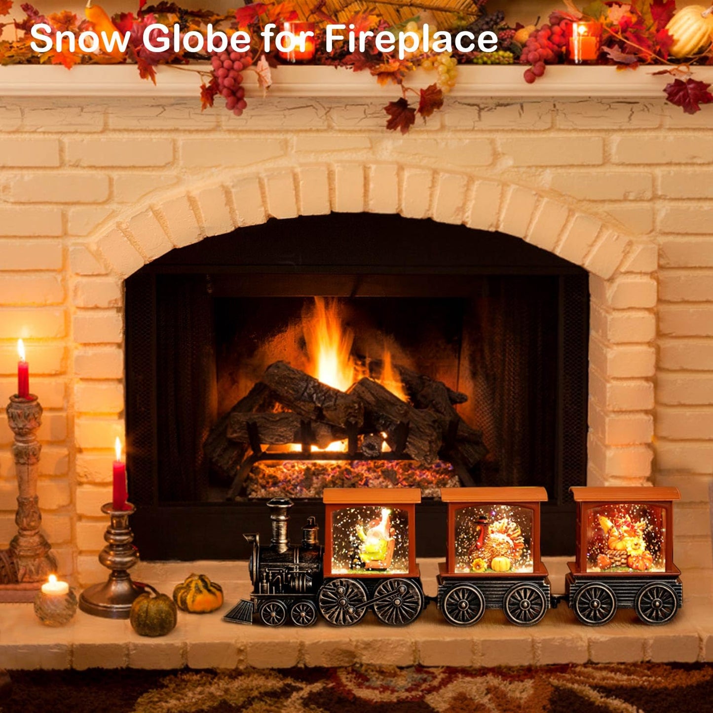 Gorrzai Fall Snow Globe Lantern Fall Decorations for Home, Lighted Fall Decor with Pumpkin Turkey Gnome Train, 6H Timer Thanksgiving Swirling Glitter Snow Globe for Harvest Day, Battery Operated