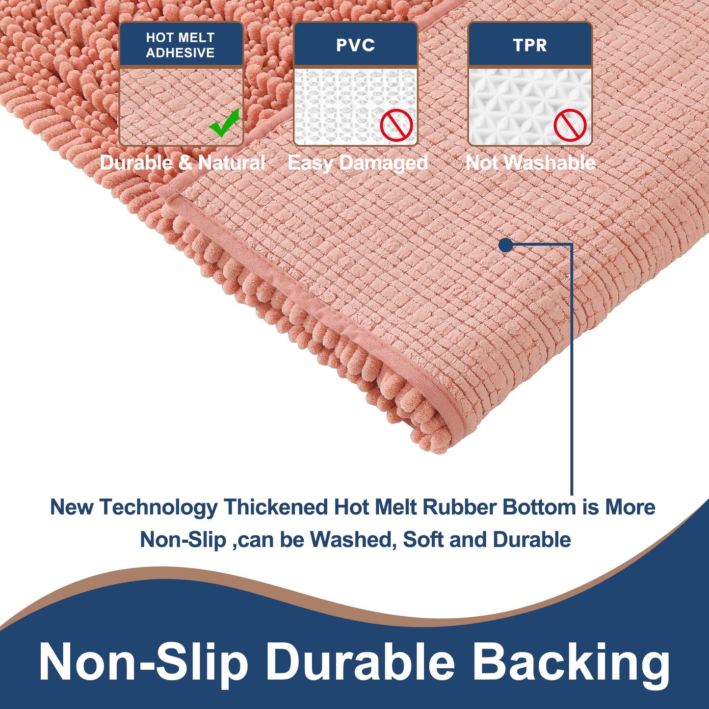 FLOLEOPA Chenille Coral Pink Bath Mat, Luxury Handmade Bathroom Rug, Non Slip, Extra Soft, Absorbent, Machine Washable, 32'x20' Plus 17'x24'