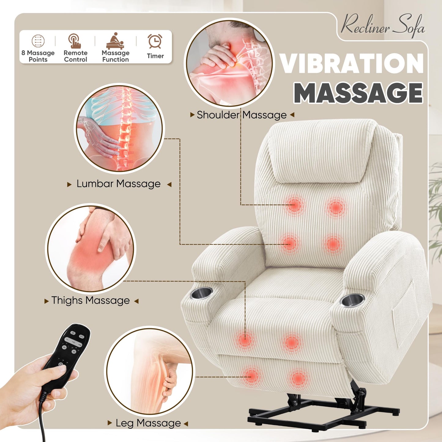 VICTONE Electric Power Lift Recliner Chair for Elderly Reclining Sofa for Living Room with Massage, Side Pockets and Cup Holders (Corduroy, Beige)