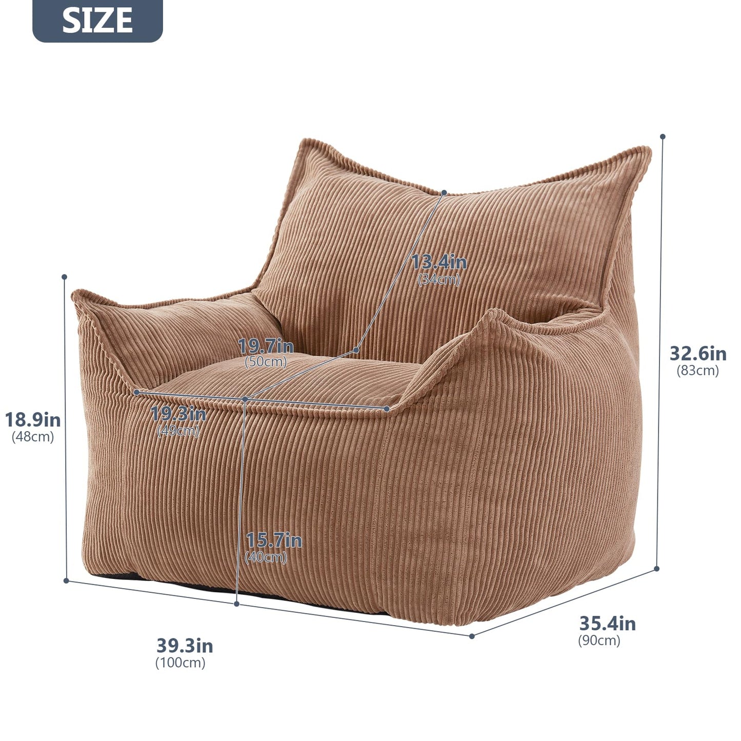 EBENCHICO Giant Bean Bag Chair Sofa for Adults Teens, Comfy Corduroy Large Bean Bag Chairs with Armrests for Bedroom Living Room, Adult BeanBag Lazy Sofa Couch Chairs with Filler Included
