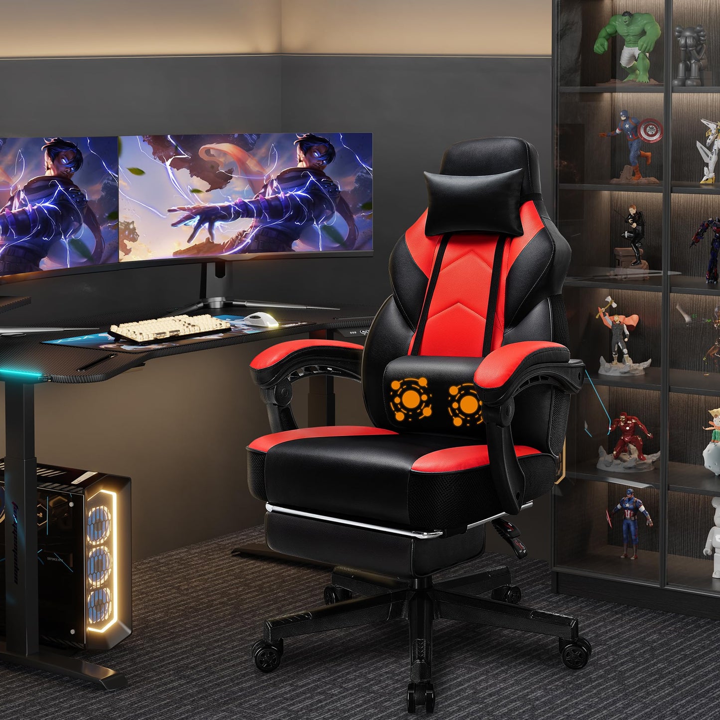 Shintenchi Gaming Chair, Office Chair with Footrest and Lumbar Support, Height Adjustable Game Chair with 360°-Swivel Seat and Headrest and for Office or Gaming (Deep Red)