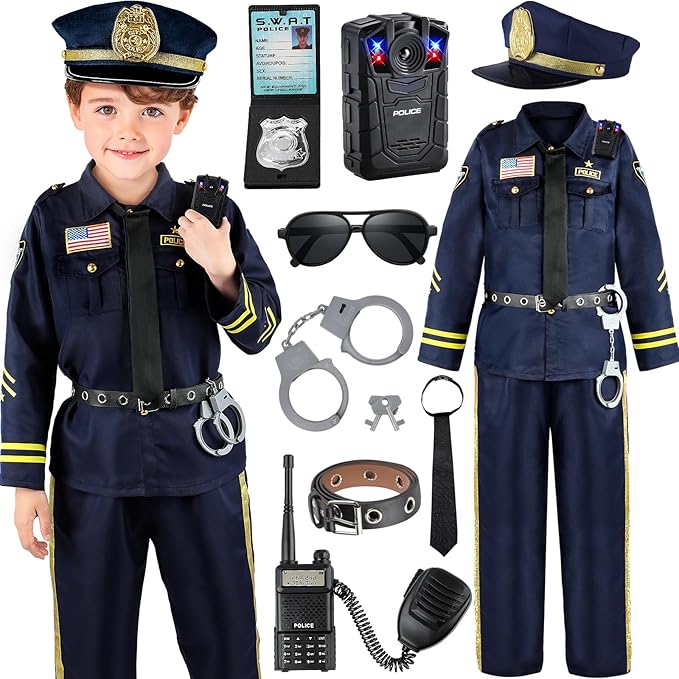 Police Officer Costume for Kids, Cop Costume Outfit Set with Toy Accessories, Halloween Costumes for Boys
