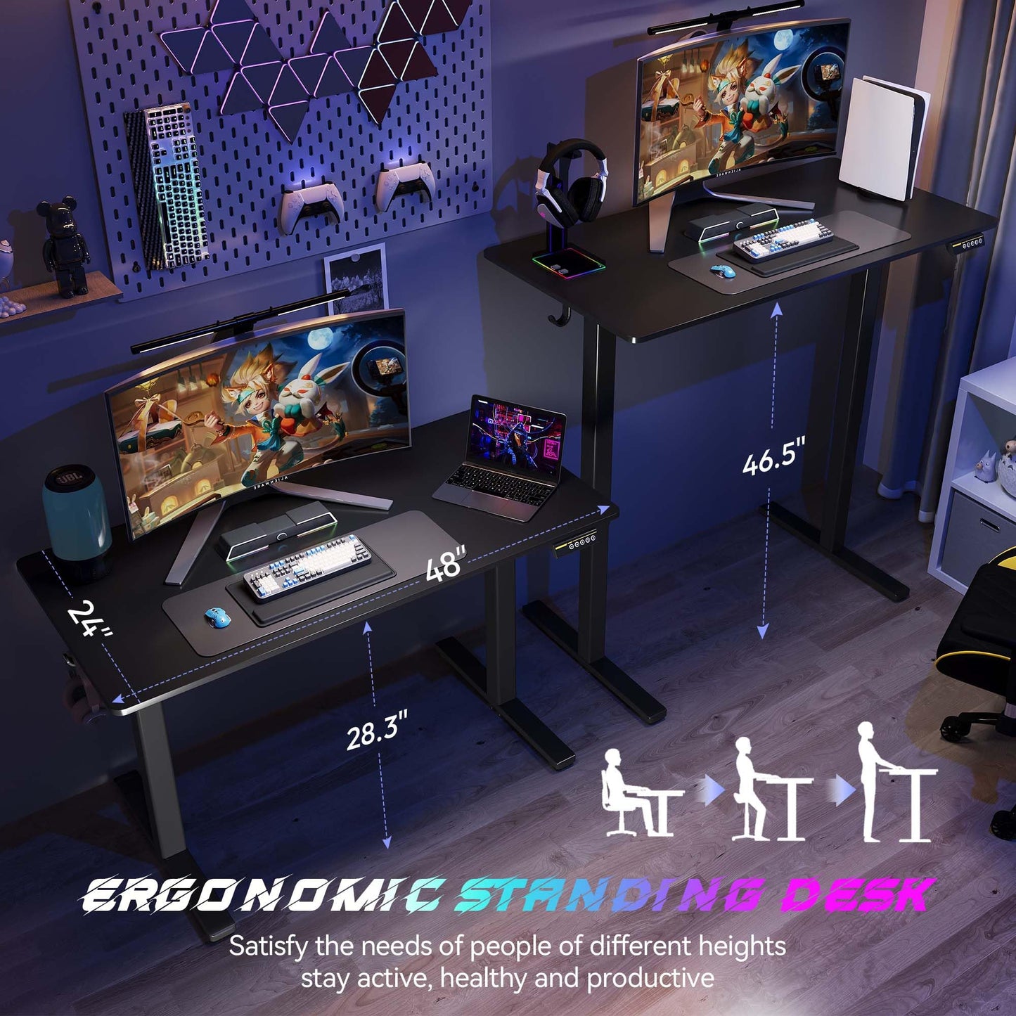 Gamork Electric Standing Desk,48x24 Inches Adjustable Height Stand up Desk, Sit Stand Home Office Desk with Splice Board, 3 Preset Heights,Equipped with Hooks,Ergonomic Computer Desk Workstation，Black