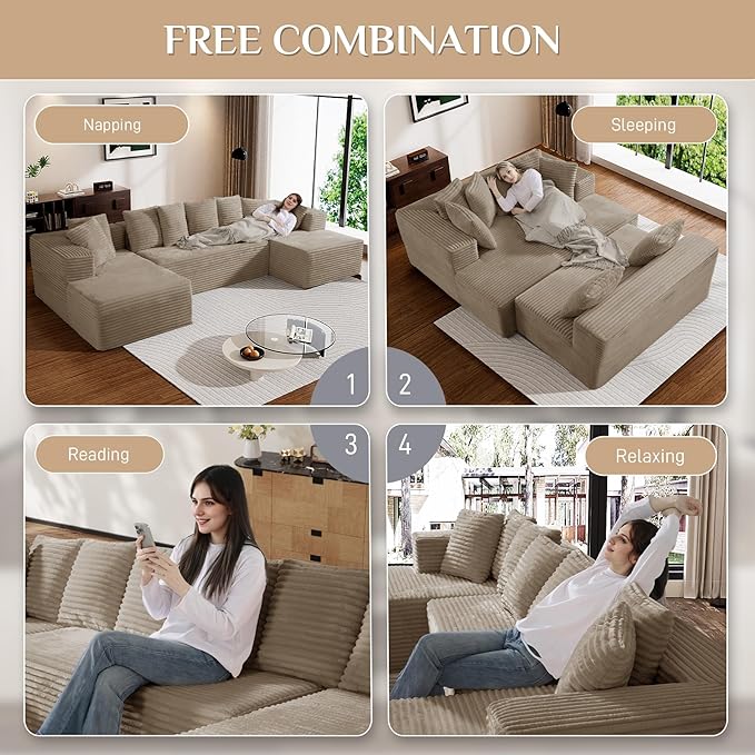 Modular Sectional Sofa, 130" U Shaped Cloud Couch Plush Corduroy Comfy Deep Seat Boneless Sofas with 8 Pillows Double Chaise Lounge Sectional Couches with Memory Foam for Living Room - Light Camel