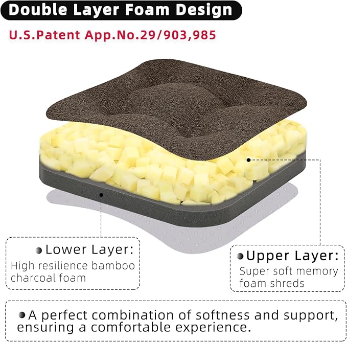 GOFORIT Chair Cushions Set of 2,Tufted Shredded Memory Foam Chair Pads, Non-Slip Seat Cushions with Removable Cover, 16'' x 16'', 2 Pack,Brown