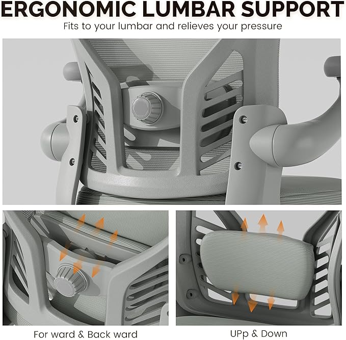 Ollega Computer Desk Chair with Wheels, Mesh Office Chair with Flip Up Arms, Adjustable Lumbar Support, Swivel Desk Chair Comfy, All Grey