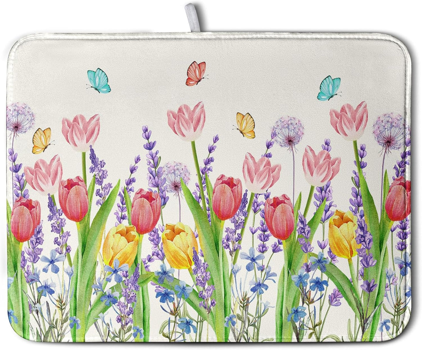 Spring Floral Dish Drying Mat for Kitchen Counter Tulip Lavender Flower Dishes Pad Absorbent Microfiber Dish Draining Mat Washable Dish Drainer Rack Mats Extra Large 18"x24"