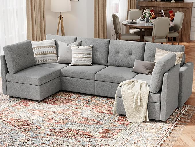 LINSY HOME Modular Sectional Sofa Oversized, Removable Cover Living Room Couches with Storage Deep Seat & Ottoman Chaise L/U Shaped Sofa Modern Couch (Grey, 6 Seats)