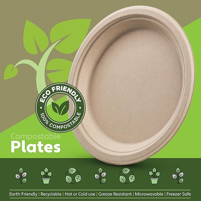 100% Compostable Paper Plates Heavy Duty - 150 Pack Biodegradable Disposable Plates – 9” Brown Disposable Dinner Plates Made of Eco-Friendly, Natural Unbleached Sugarcane Bagasse, Microwavable Plates
