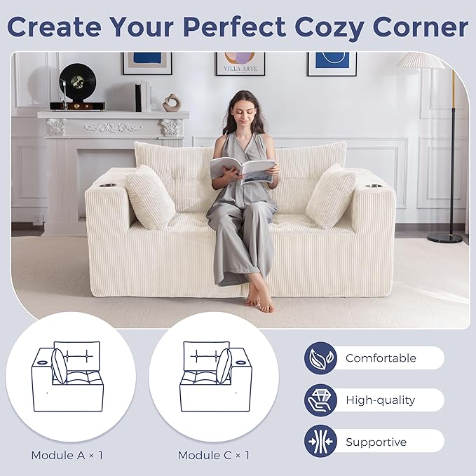 MAXYOYO Modular Sectional Sofa Couch, Loveseat Boneless Cloud Couch for Living Room, Sofa in A Box, Upholstered Cozy Chair with Tufted Craft, No Assembly Required, Beige