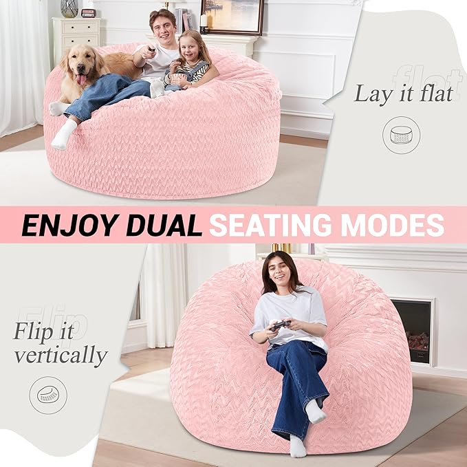 5FT Bean Bag Chair,Giant Bean Bag Chairs for Adults,Big Bean Bags with Memory Foam Filled, Large Beanbag Chairs with Chevron Plush Cover-Soft Pink