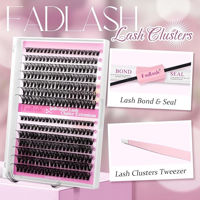 FADLASH Eyelash Extension Kit Lash Clusters C Curl Mix Tray Thin Band DIY Lash Extension Kit with Lash Bond and Seal Lash Tweezers Eyelash Applicator Tool Individual Lashes(30D+40D Kit,07C-8-16mm)