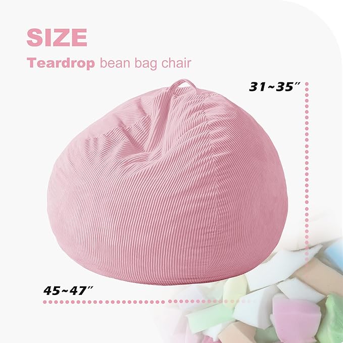 Homguava 4FT Bean Bag Chair for Adults,Teardrop Bean Bags Big Beanbag Chair with Memory Foam Filled and Ultra Soft Removable Corduroy Cover for Living Room, Bedroom (Light Pink)