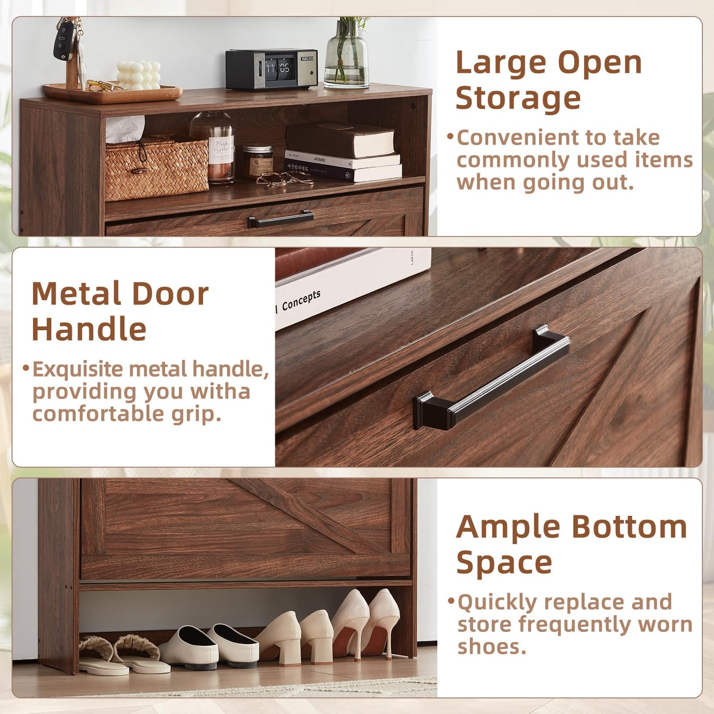 RWYHG Shoe Storage Cabinet with 2 Flip Drawers,Farmhouse Narrow Shoe Organizer with Legs,Freestanding Hidden Slim Shoe Rack Cabinet with Open Storage for Entryway,Hallway, Foyer, Rustic Brown