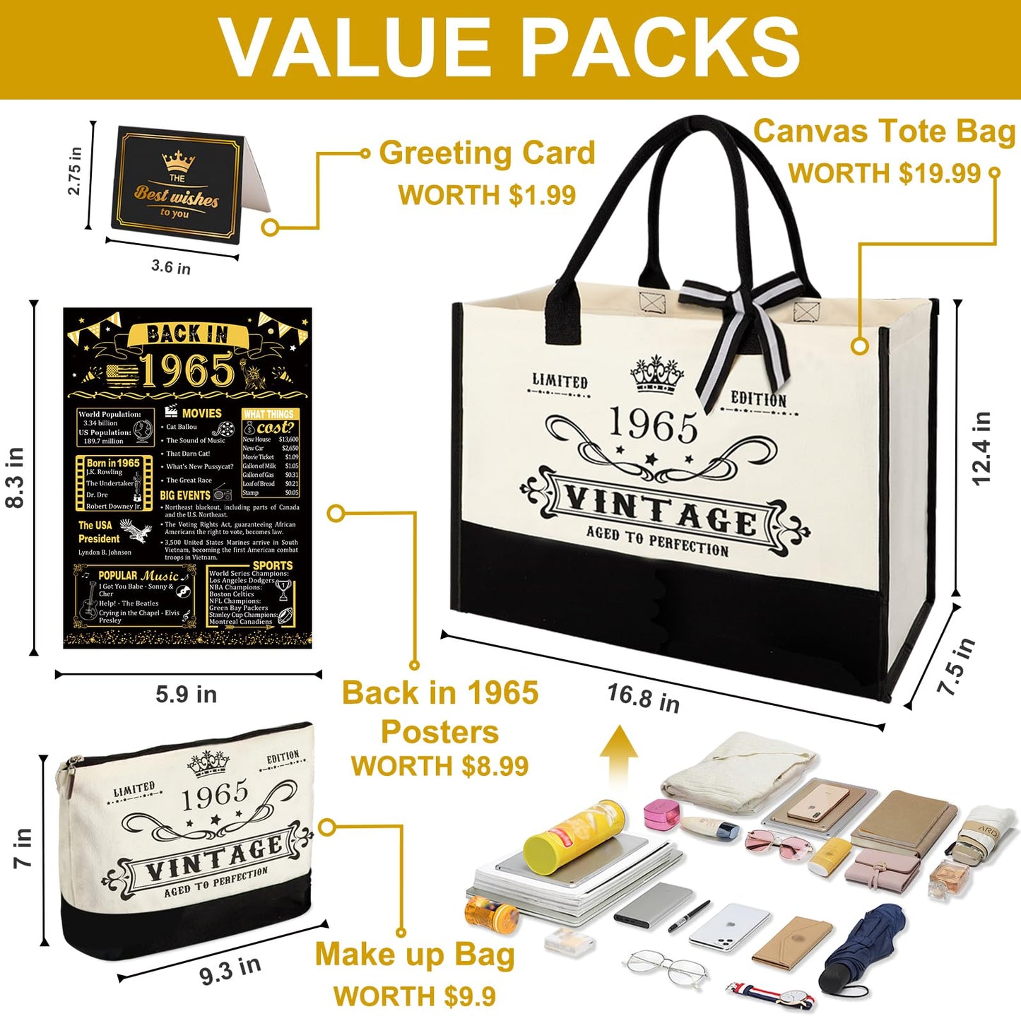 60th Birthday Gifts for Women Canvas Tote Bag Travel Gear, Unique 60 Years Old Gifts for Wife Sister Mom Aunt Friends Her, Vintage 1965 Handbag & Cosmetic Bag & Back in 1965 Poster
