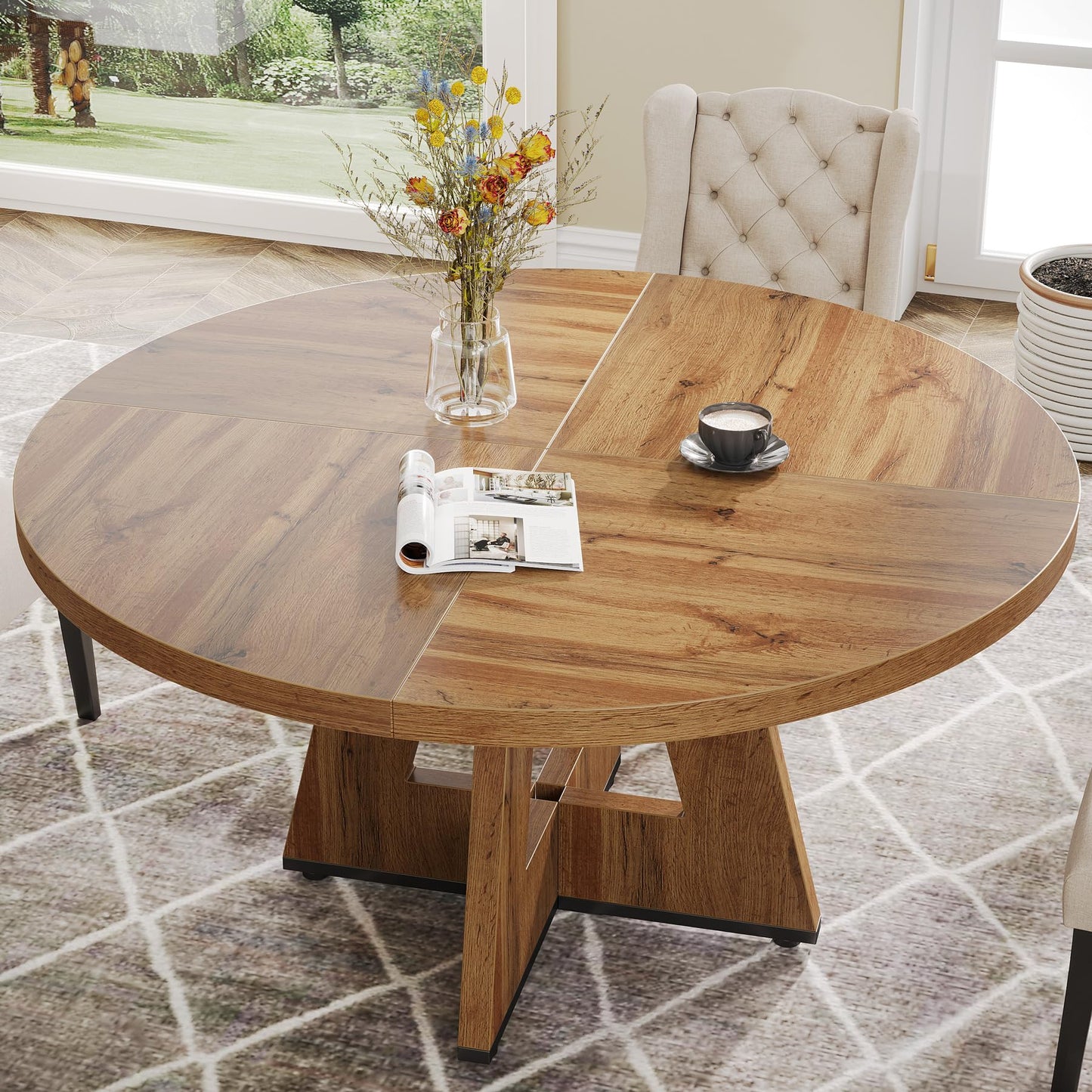 Tribesigns Round Dining Table for 4-6 People 47 Inch Wood Dining Table with Pedestal Base Walnut (Wood)