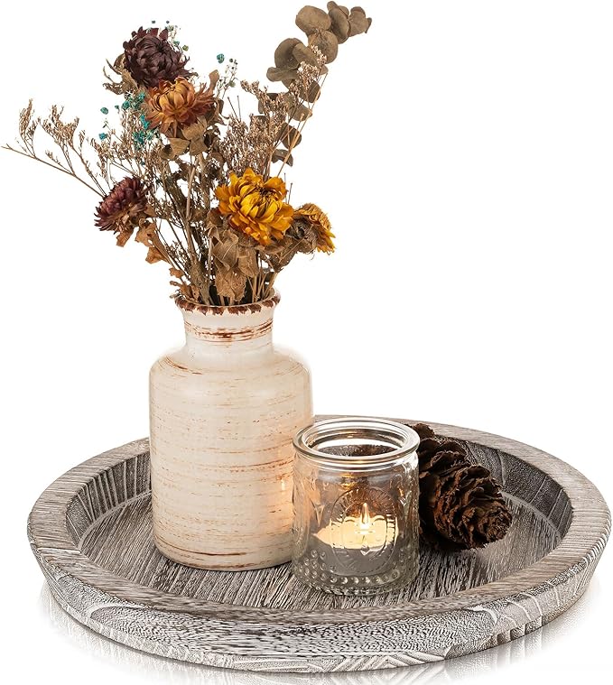 Wooden Decorative Tray Candle Holder: Romadedi Round Wood Tray Home Decor, Whitewash Rustic Trays for Farmhouse Dinning Ta...