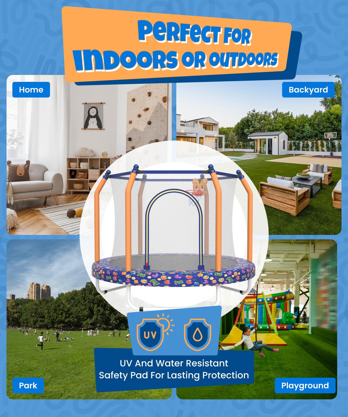 Mersco 55" Indoor Trampoline for Kids, Mini Indoor & Outdoor Small Toddler Trampoline with Net and Basketball Hoop,Birthday Gifts for Boy and Girl, 440lbs Capacity, Age 1-8