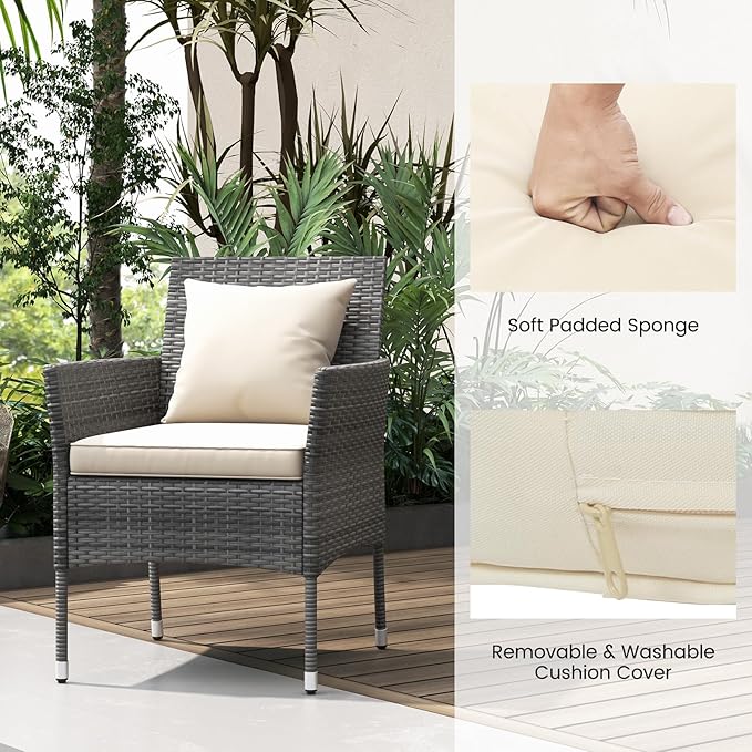 Tangkula 3-Piece Patio Furniture Set, PE Wicker Conversation Bistro Set w/A Tempered Glass Table & 2 Cushioned Chairs, Outdoor Table & Chairs Set for Patio Porch Yard Garden (Mix Gray+Off White)