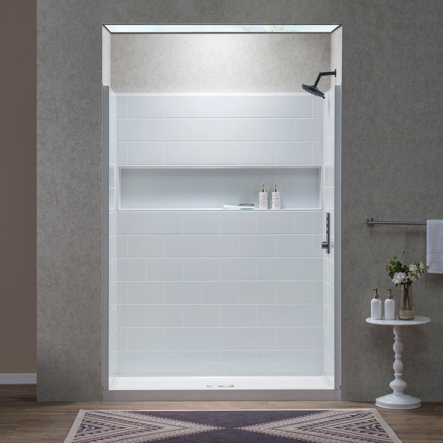 WOODBRIDGE 4-Piece Tile-style Shower Wall Panel Surround Kit, 60"W x 32"D, Staggered Brick Pattern, Easy to Install, High Gloss White Finish