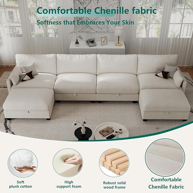 OhaiAura Modular Sectional U Shaped Sofa Couches for Living Room, Cloud Couch with Storage Ottoman, Comfy Chenille Sofa with Pillow, Beige