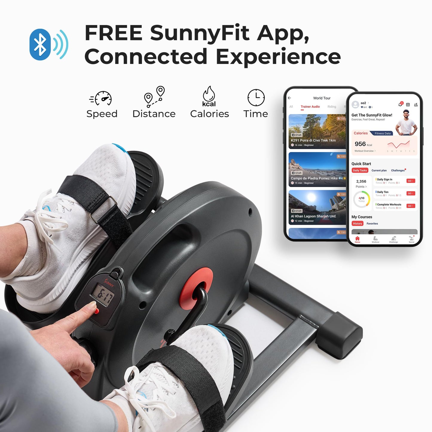 Sunny Health & Fitness Smart Under-Desk Elliptical Trainer, Mini Pedal Equipment for Senior Low-Profile Workout, Cycle Cardio Training at Home/Office, Free SunnyFit App Bluetooth Connect - SF-E324029