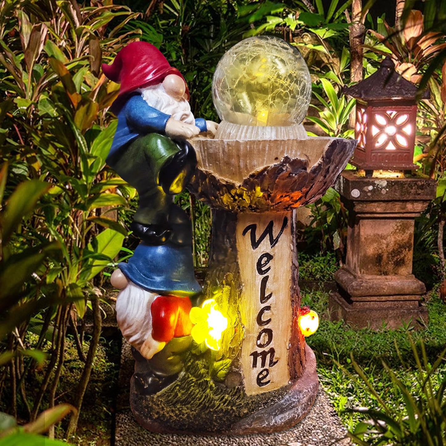 Binqiuu Garden Gnome Statues, Garden Statues for Outside with Solar LED Lights,10.4 in Funny Double Gnomes Sculptures Outdoor Decorations for Yard, Ideal Gnomes Gifts for Women/Grandma/Mom