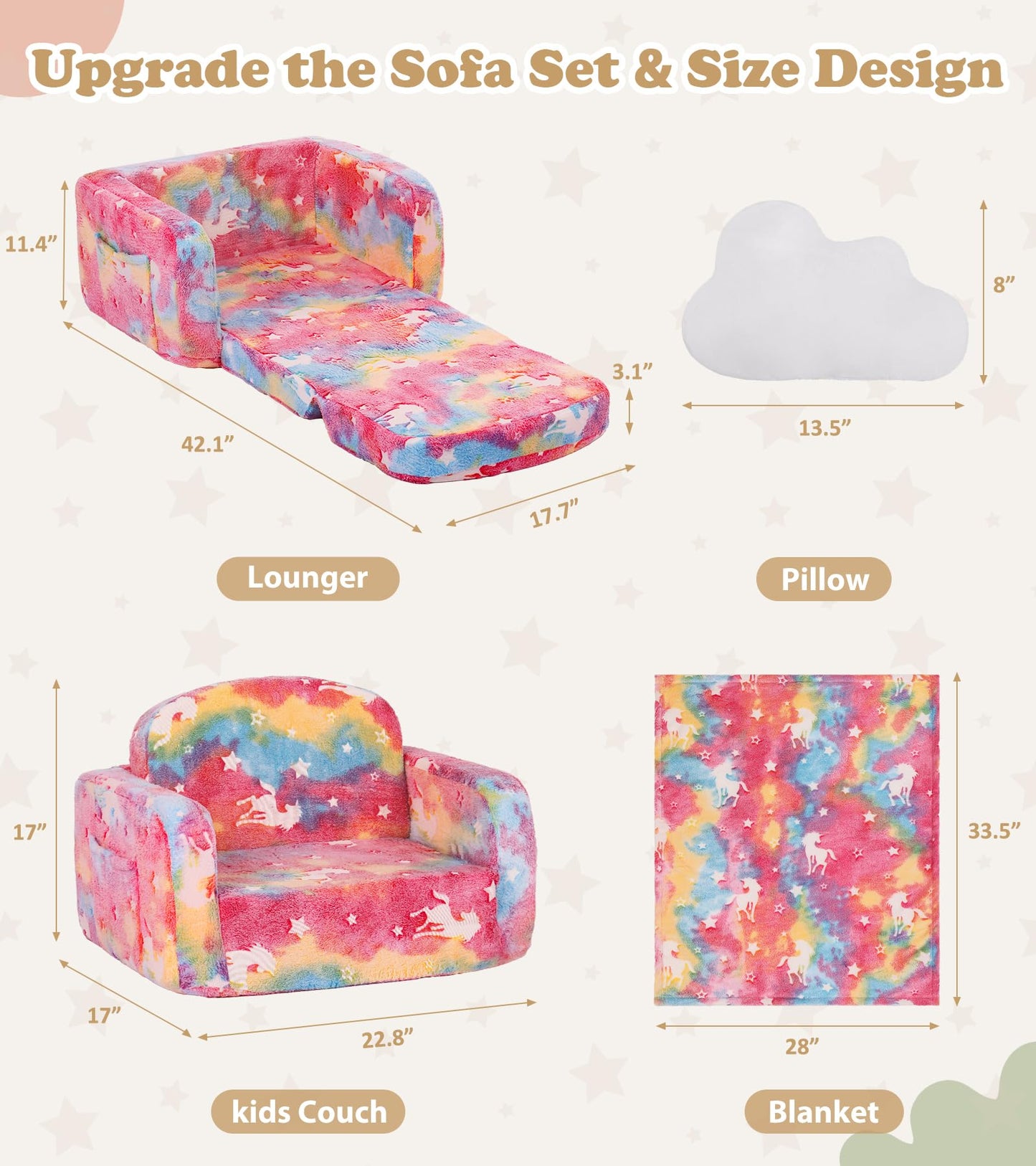 Kids Couch, 2-in-1 Soft Toddler Couch Fold Out with with Blanket and Cloud Pillow, Glow in The Dark, Toddler Chair Comfy, Convertible Sofa to Lounger, Gifts for Kids Girl Boys, Medium Pink Unicorn