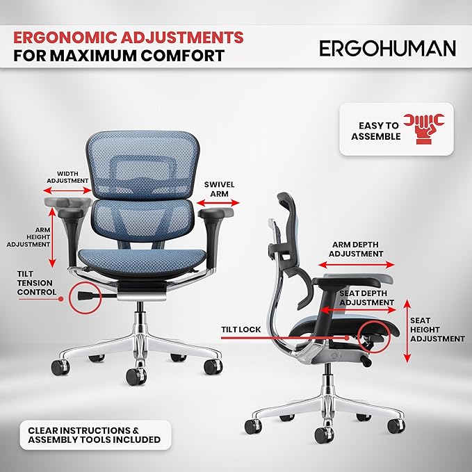Ergohuman Eurotech ME8ERG GEN2 High Back Mesh Office Chair with Tilt Tension Control, Tilt Lock, Back Angle, Back Height, Synchro Tilt, Seat Height, Seat Depth, and Arm Height Adjustments, Blue