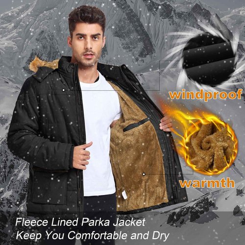 Junggley Men's Winter Warm Ski Jacket Mountain Windproof Hiking Hooded Snow Coat Multi Pockets Black XL