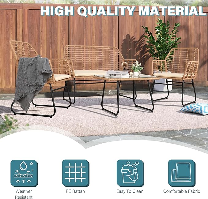 PAOLFOX 4 Piece Patio Conversation Set, Outdoor Wicker Furniture Set,Rattan Patio Furniture Sets for Backyard,Front Porch, Beige