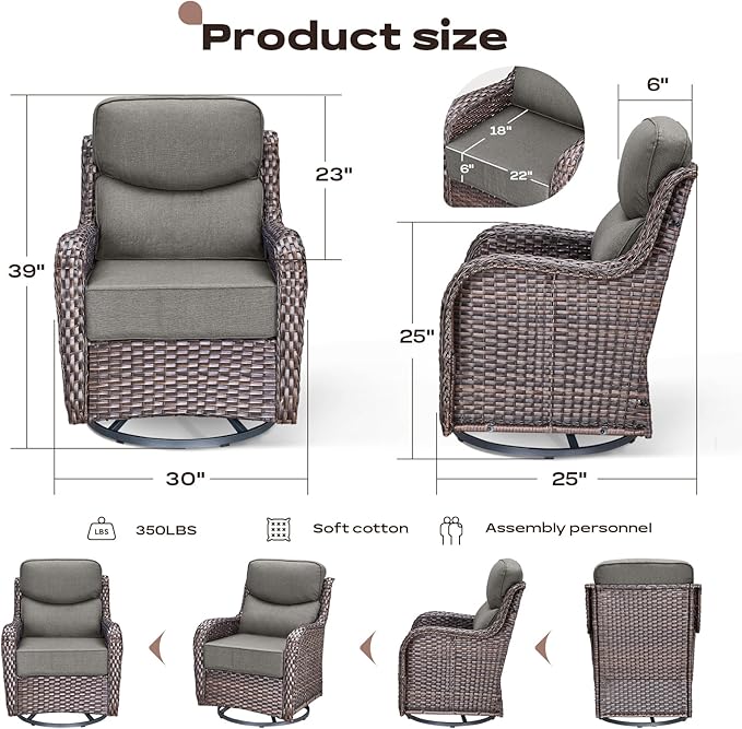 Rilyson Outdoor Patio Furniture Set - Weather Resistant Wicker,High Back,6 inch Cushions,3 Piece Patio Bistro Set with Swivel Rocker Chairs and Side Table for Deck Porch Yard,Brown/Grey