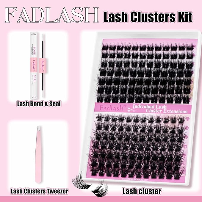 FADLASH Lash Extension Kit Lash Clusters Kit 10-18mm Eyelash Cluster Lashes with Lash Bond and Seal Lash Tweezers DIY at Home (KLS240+KLS253-07D-10-18 Kit)