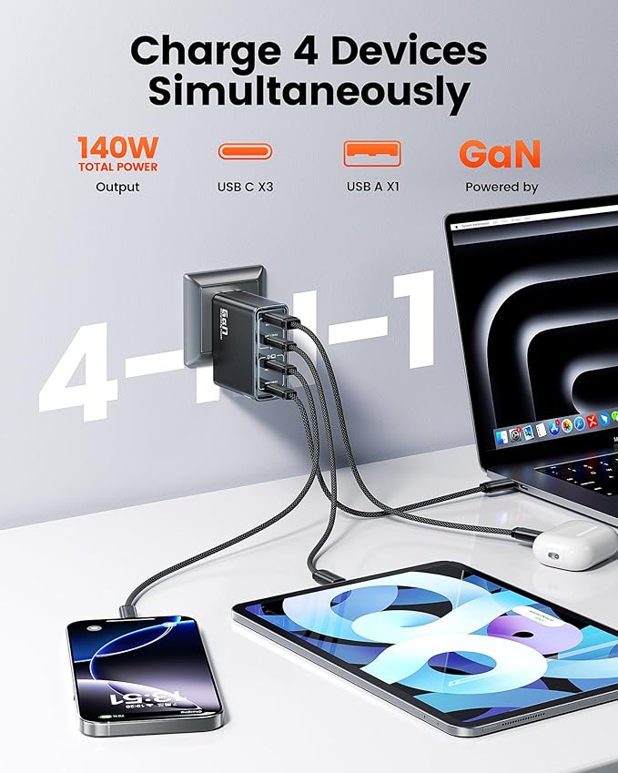 140W USB C Charger Block, 4-Port GaN Fast Charging Foldable Compact Wall Charger for MacBook Pro/Air, iPhone 16 Pro Max, iPad Pro, Galaxy S24/Ultra, Steam Deck, Google Pixelbook