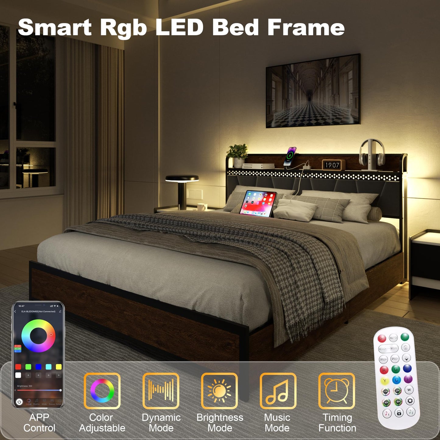 viplov Full Size Bed Frame with Storage Headboard, Metal Platform Bed & 4 Drawers, Built-in Charging Station & LED, Noise-Free, Metal Support, No Box Spring Needed