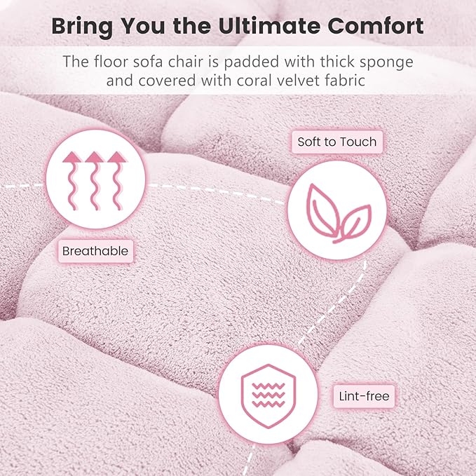 MAT EXPERT 14-Position Floor Chair, Floor Gaming Chair w/Soft Coral Fleece, Alloy Steel Frame, Padded Lazy Couch Recliner, Floor Chair with Back Support for Reading, Meditating (Pale Pink)