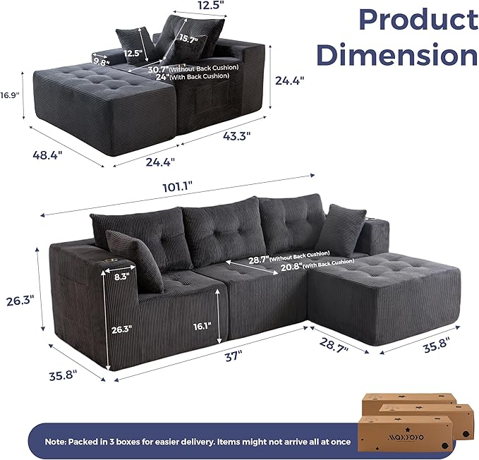 MAXYOYO Modular Sectional Sofa Couch and Chaise Lounge, L Shaped Modern Cloud Couch with Ottoman, Sofa in A Box, Tufted Boneless Sleeper Chair for Living Room, No Assembly Required, Grey