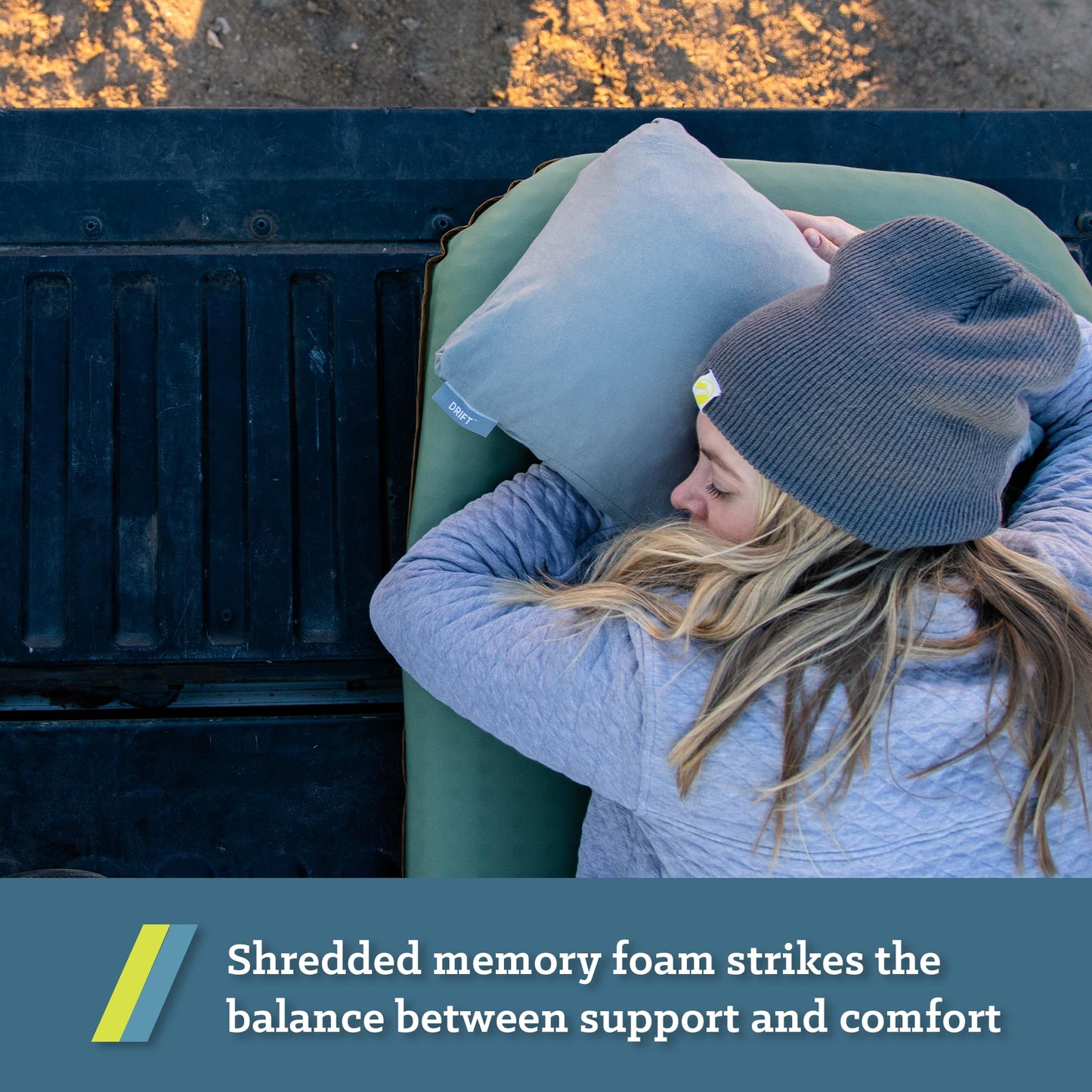 Klymit Drift Camping Pillow, Shredded Memory Foam Travel Pillow with Reversible Cover for Outdoor Use, Green, Regular