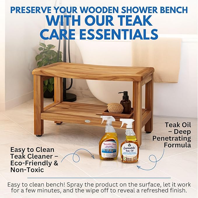 EcoDecors Eleganto 30 Inch Natural Color Waterproof Teak Wood Shower Bench Stool Seat Chair For Inside Shower Provides Safety, Storage, and Organization For Bathroom Accessories