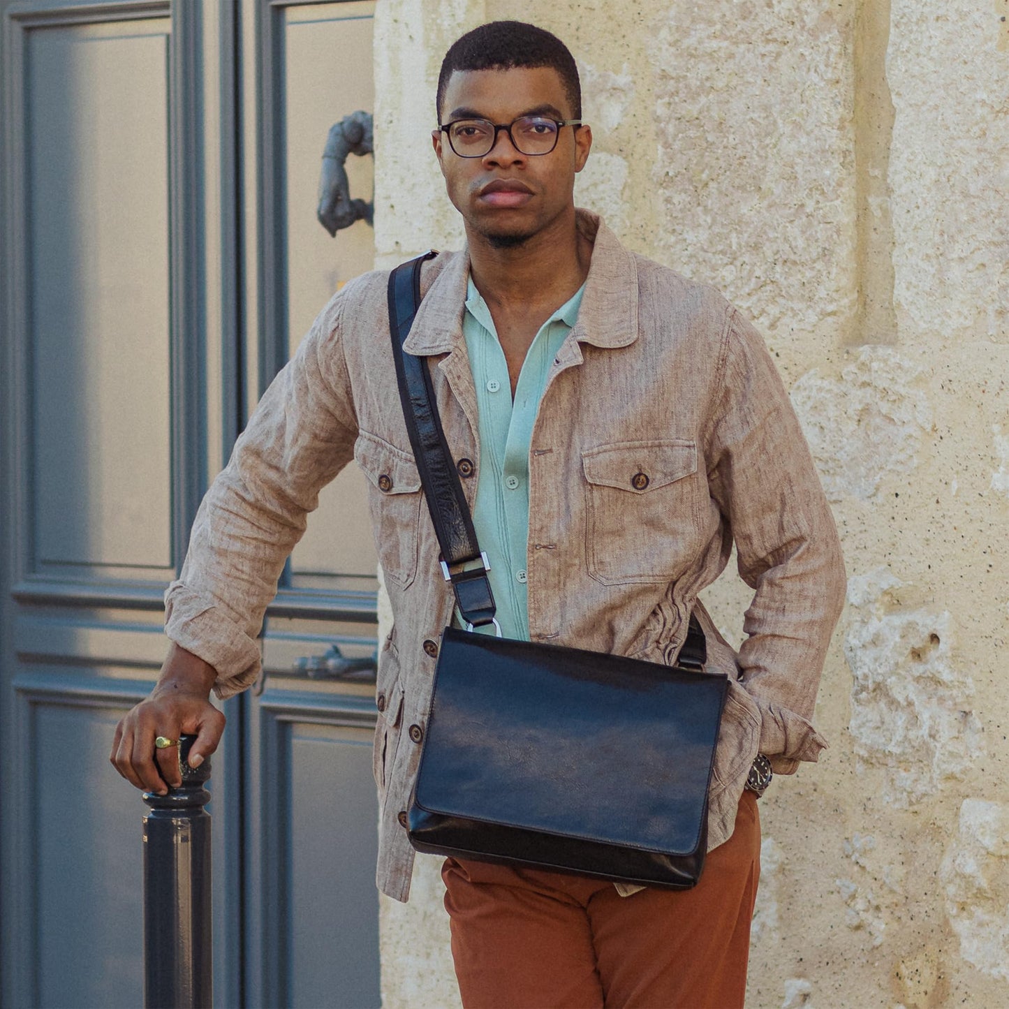 Time Resistance Leather Messenger Bag for Men - Crossbody Bag - Full Grain Leather - Tablet Sized Shoulder Bag (Black)