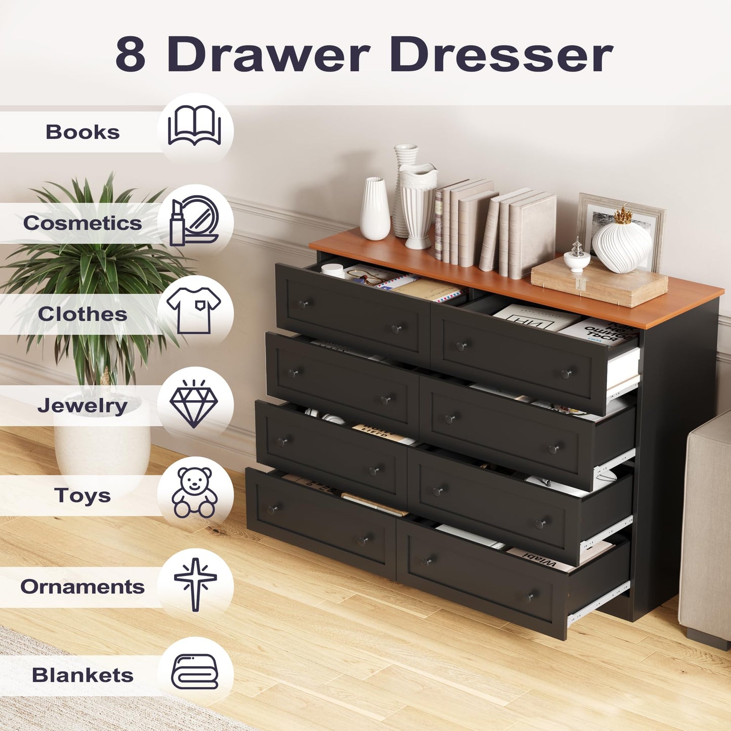 Furnify 8 Drawer Dresser for Bedroom, Farmhouse Dresser for Closet 8 Drawer, Wide Modern Chest of Drawers, Storage Cabinet, Bedroom, Living Room, Entryway, Black