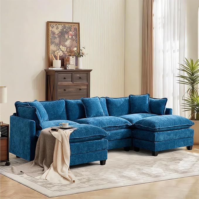SoarFlash 113.78" Chenille Sectional Sofa, Comfy U Shaped Modular Coush Sofa with Ottoman, Modern 4 Seat Couch Deep Seat Sofa Set for Living Room,Blue