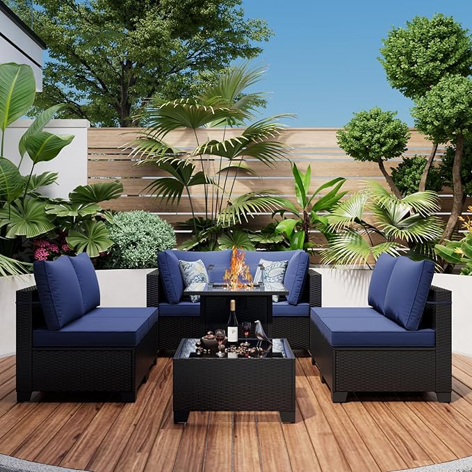 Ophelian 8 Piece Patio Furniture Set with Fire Pit Table, Wicker Outdoor Sectional Sofa, Patio Conversation Set for Backyard, Garden, Deck (Coffee/Blue)