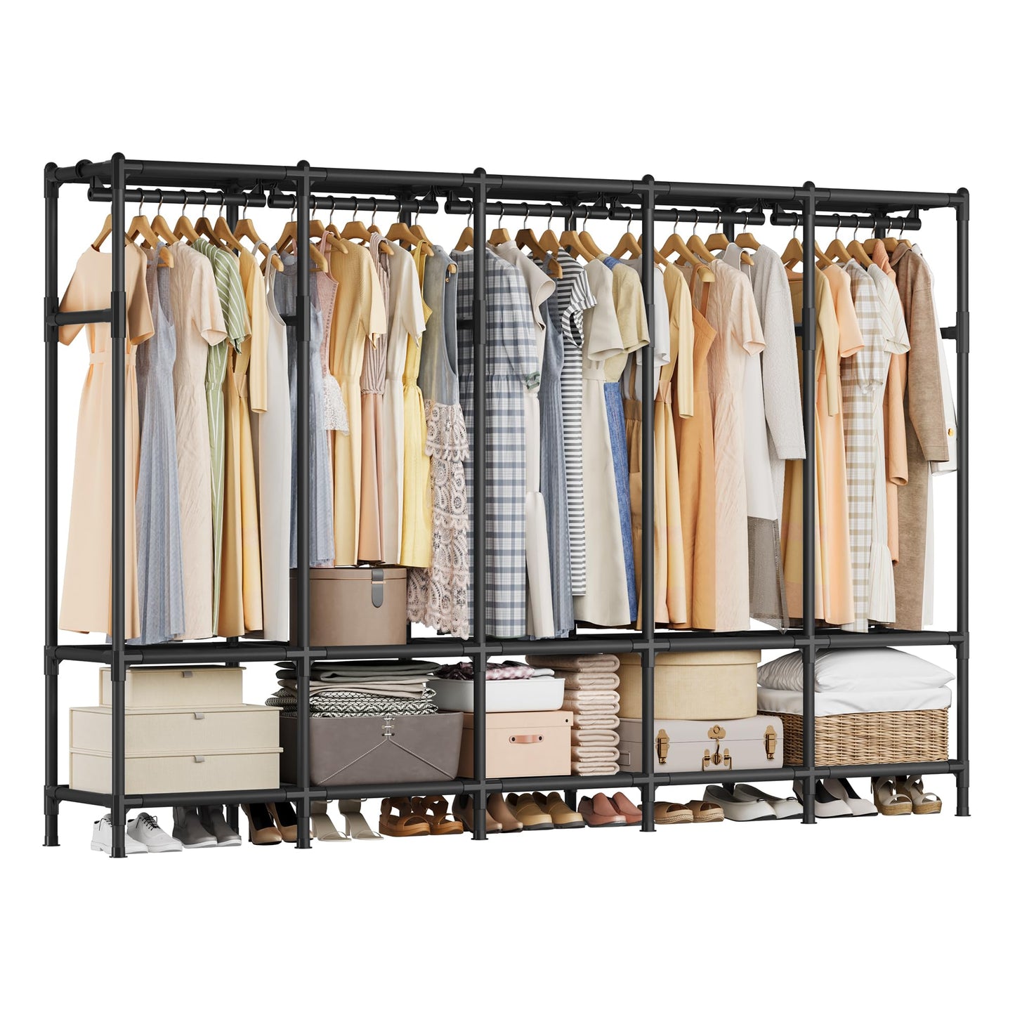 SONGMICS Wardrobe Closet, 83.5 Inch Large Capacity Portable Closet, Clothing Rack, 25 mm Dia,Thick Steel Tubes, Clothes Organizer with Fabric Cover, 5 Hanging Rails, 10 Shelves, Ink Black URDR095B01